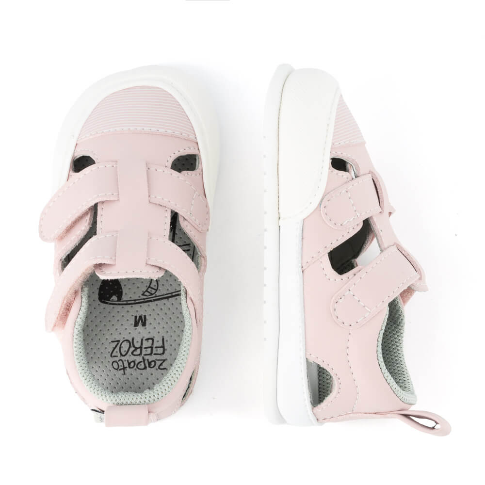 sandalias barefoot veganas microfibra cierre velcro espacio dedos bebes color rosa javea feroz ss24  